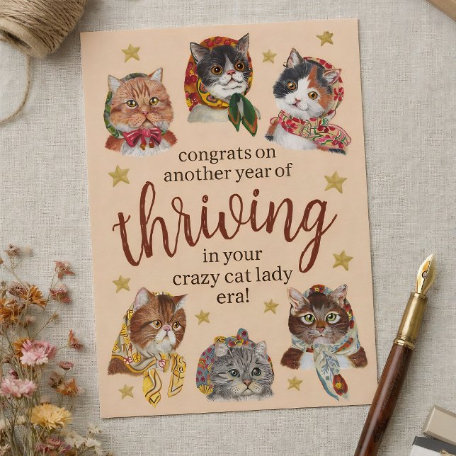 Cartão Postal Funny Crazy Cat Lady Era Colorful Happy Birthday  (Criador carregado)