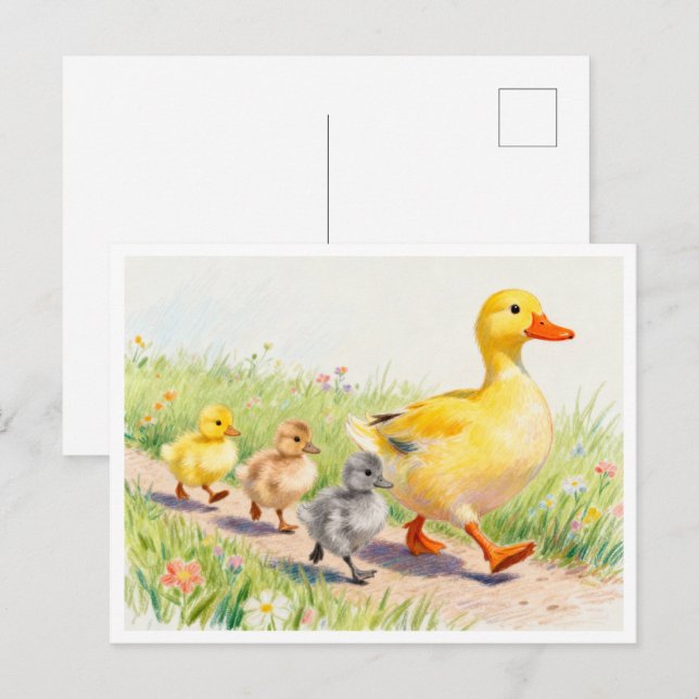 Cartão Postal Funny duck and ducklings (Frente/Verso)