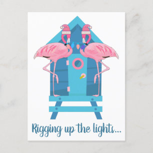 Cartão Postal Funny Flamingo Christmas Lights Beach Hut