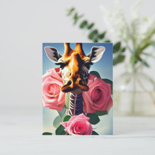 Cartão Postal Funny Giraffe e Rosas Surreal