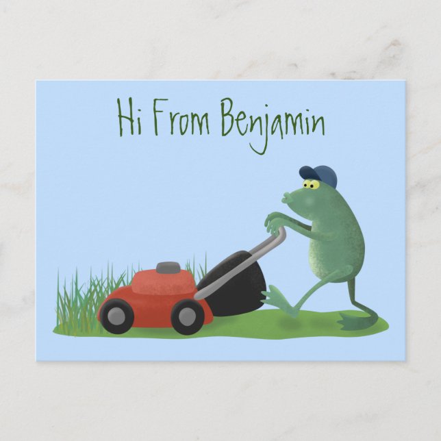 Cartão Postal Funny green frog mowing lawn cartoon (Frente)