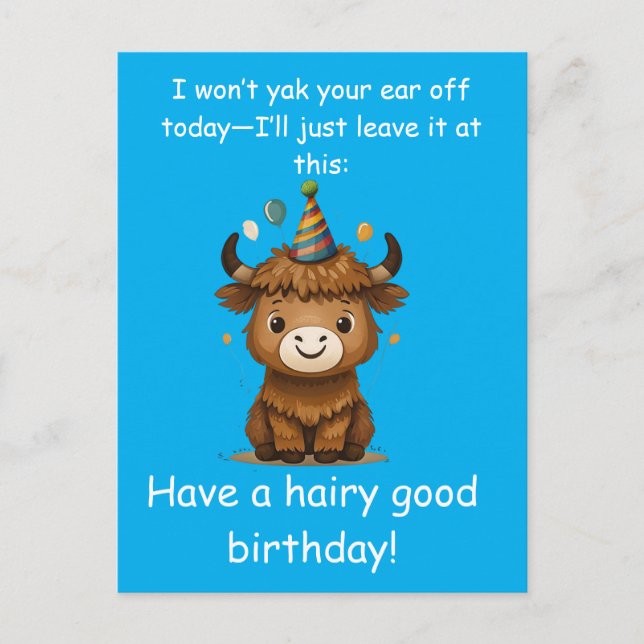 Cartão Postal Funny Highland Yak: Hairy Good Birthday Puns (Frente)