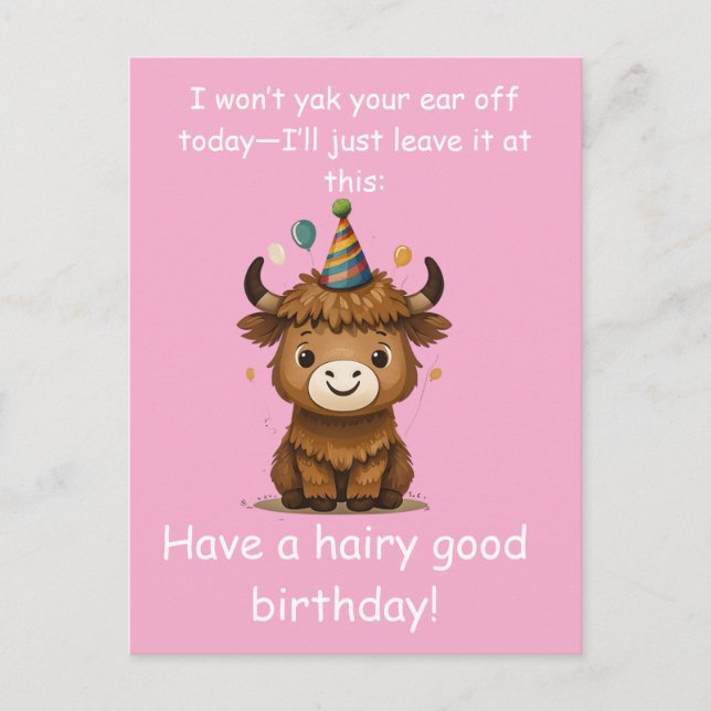 Cartão Postal Funny Highland Yak: Hairy Good Birthday Puns (Frente)