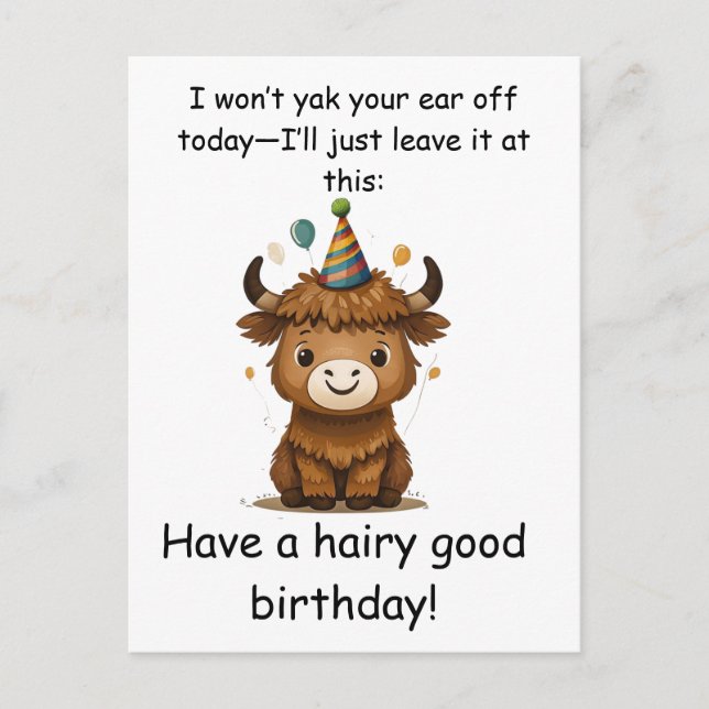 Cartão Postal Funny Highland Yak: Hairy Good Birthday Puns (Frente)