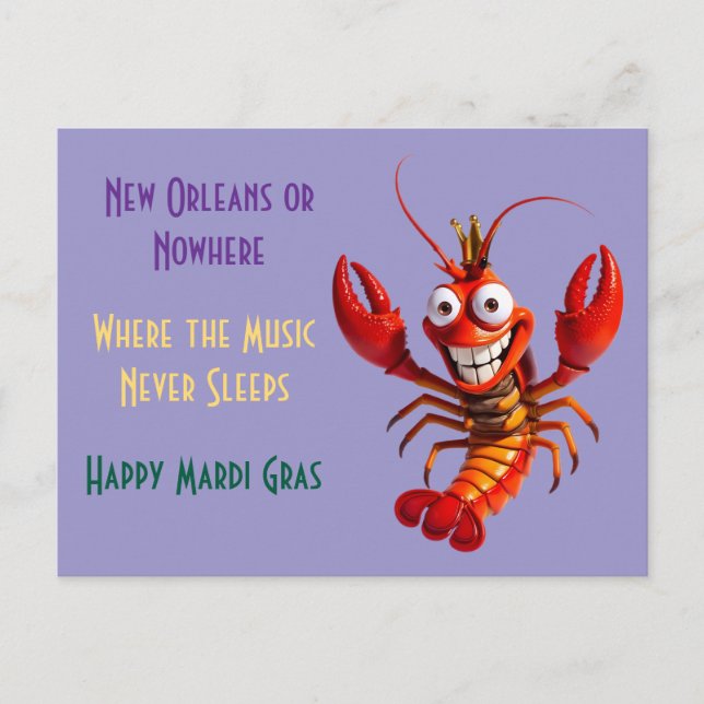Cartão Postal Funny Mardi Gras Crawfish - New Orleans or Nowhere (Frente)