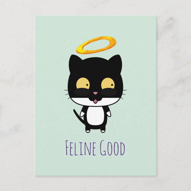Cartão Postal Funny Pun Black Cat With A Golden Halo Cartoon (Frente)