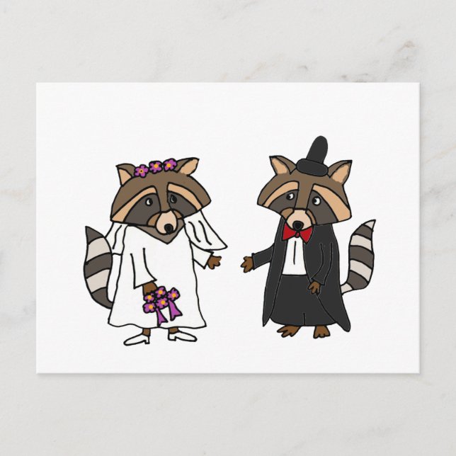 Cartão Postal Funny Raccoon Bride e Groom Wedte Art (Frente)
