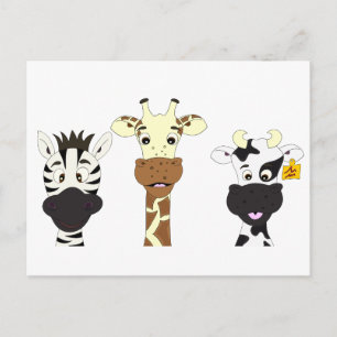 Cartão Postal Funny zebra giraffe cow cartoon kids