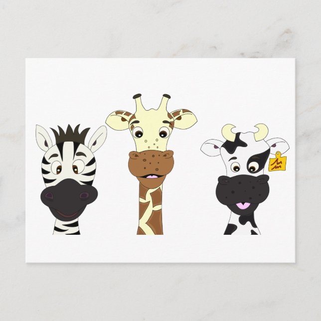 Cartão Postal Funny zebra giraffe cow cartoon kids (Frente)