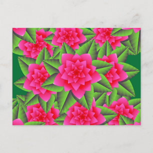Cartão Postal Fuschia Pink Camellias e Folhas Verdes