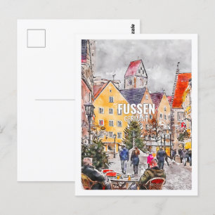 Cartão Postal Fussen Alemanha Famoso Local de Viagem Aquarela