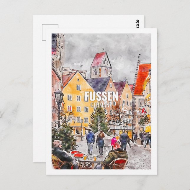 Cartão Postal Fussen Alemanha Famoso Local de Viagem Aquarela (Frente/Verso)