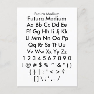 Cartão Postal Futura Média - Folha de Amostra de Fontes Zazzle