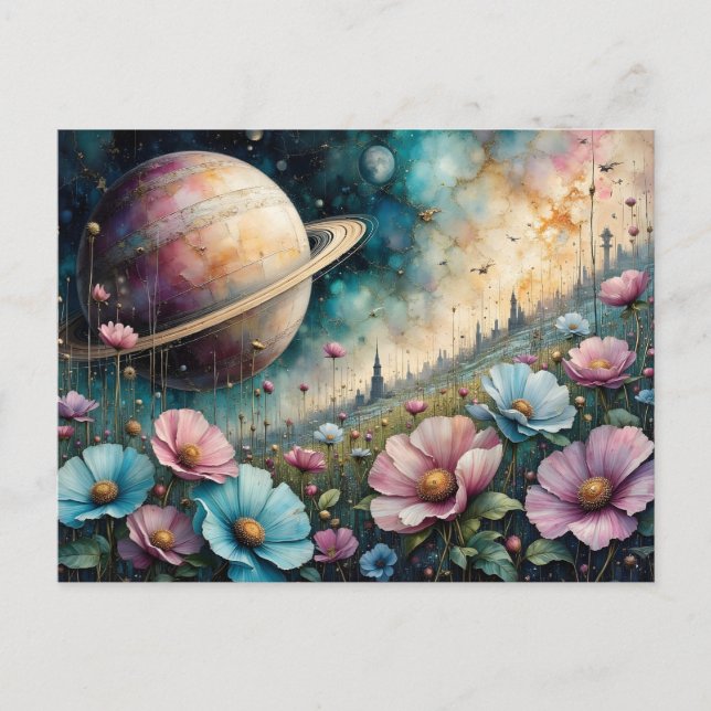 Cartão Postal Futuristic Cosmos Flower and Space (Frente)