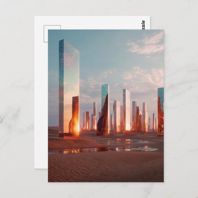 Cartão Postal Futuristic Surreal Mirror Towers In Desert (Frente/Verso)