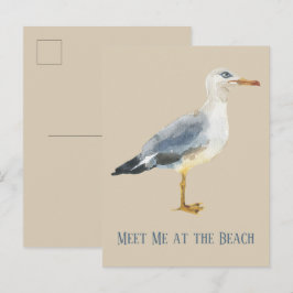 Cartão Postal Gaivota na Praia em Aquarela Personalizado