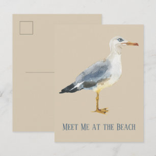 Cartão Postal Gaivota na Praia em Aquarela Personalizado