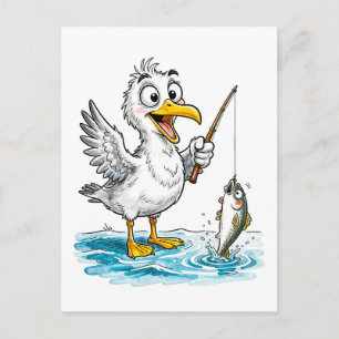 Cartão Postal Gaivota Pescando com Vara em Água Rasa
