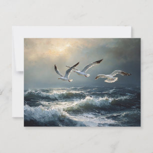 Cartão Postal Gaivotas Oceano Tempestuoso Arte Refinada