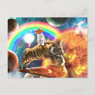 Cartão Postal Galáxia Espacial Tigre Andando Gato na Pizza