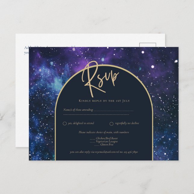 Cartão Postal Galaxy Starry Night Purple Blue Casamento Dourado  (Frente/Verso)