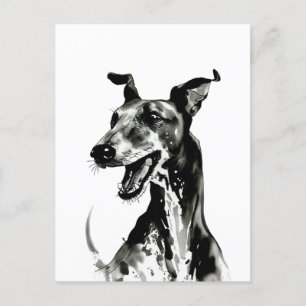 Cartão Postal Galgo Español preto-e-branco Greyhound alegre