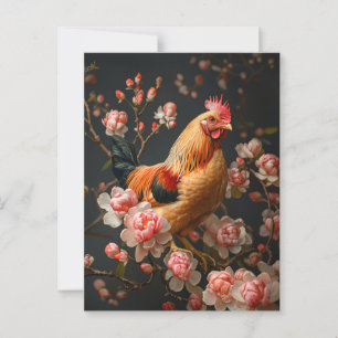 Cartão Postal Galinha cercada por Flores Rosa