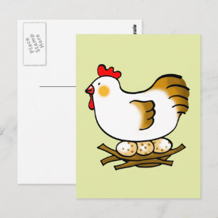 Cartão Postal Galinha de desenho animado fofa no ninho com ovos