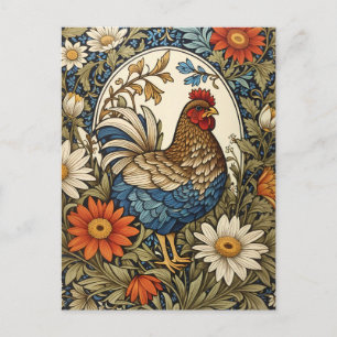Cartão Postal Galinha de Fazenda Antiga e Flores de Margarida