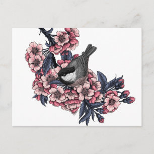 Cartão Postal Galinha em um galho florescente de cereja