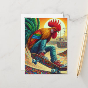 Cartão Postal Galinha Surrealista Divertida de Skate