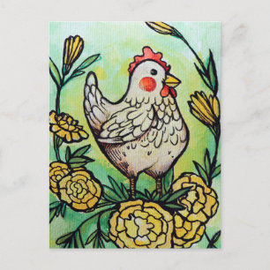 Cartão Postal Galinhas com Ilustração de Galinha e Flor