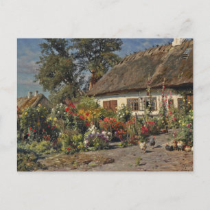 Cartão Postal Galinhas Vintage e Hollyhocks