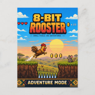 Cartão Postal Galo, Arte Pixel Retro de 8 Bits