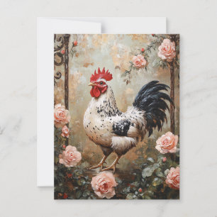 Cartão Postal Galo Espetado Entre Rosas Rosa
