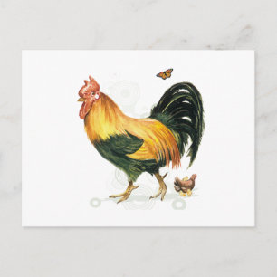 Cartão Postal Galo Orgulhoso com galinha e galinhas.
