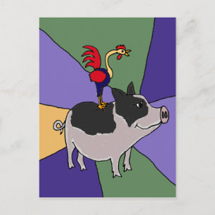 Cartão Postal Galo sobre Porco Arte Popular Colorida