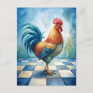 Cartão Postal Galo Vintage Azul Branco Xadrez