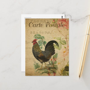 Cartão Postal Galo Vintage Floral Francês
