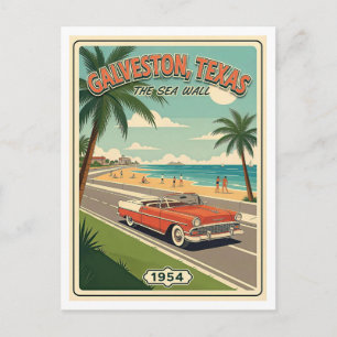 Cartão Postal Galveston TX Retro Seawall 1950s