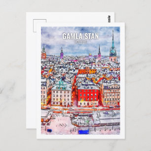 Cartão Postal Gamla Stan Suecia Famoso Desenho Viagem de Aquarel