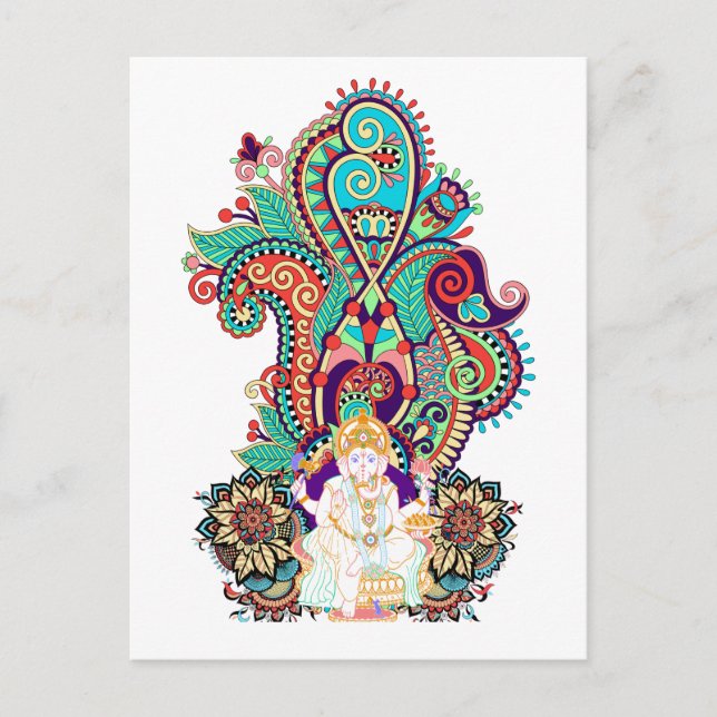 Cartão Postal Ganesh Elephant God Colorful Paisley (Frente)