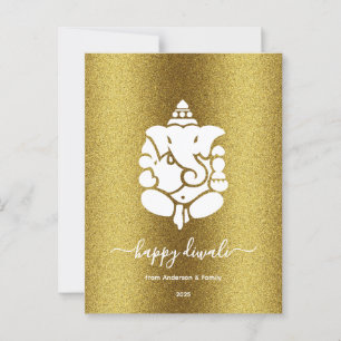 Cartão Postal Ganesha Ouro Glitter Happy Diwali Design