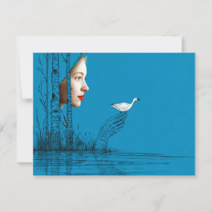 Cartão Postal Ganso de neve e mulher, arte de linha minimalista