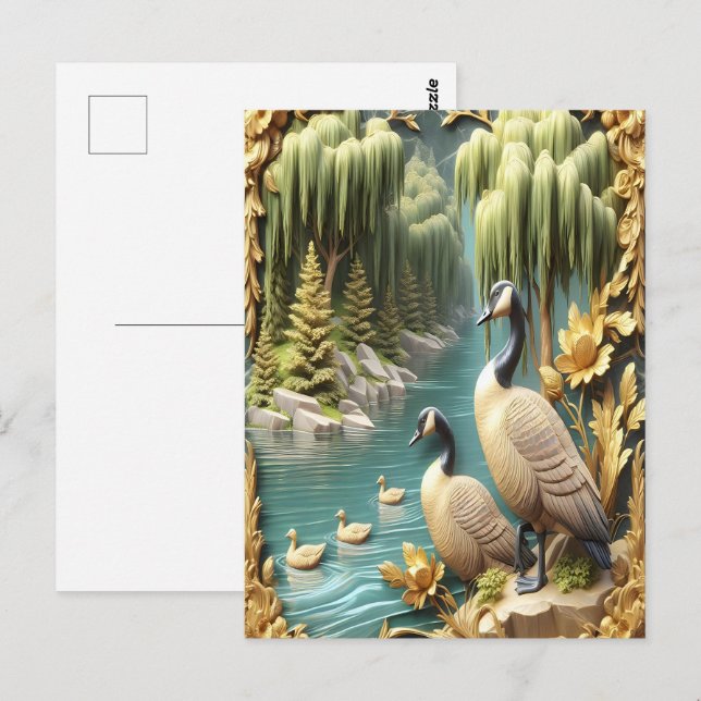 Cartão Postal Gansos do Canadá em meio aos chorões (Frente/Verso)