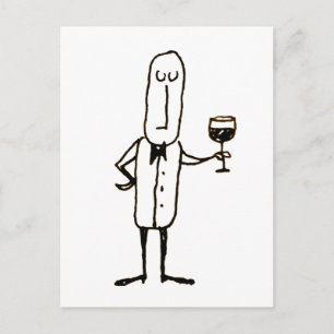 Cartão Postal Garçom de desenho animado segurando taça de vinho