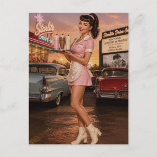 Cartão Postal Garçonete de lanchonete retrô Pin-Up dos anos 50