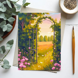 Cartão Postal Garden Gate | Pink Flowers Botanical Watercolor