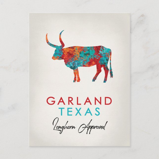 Cartão Postal Garland Texas Colorful Longhorn (Frente)