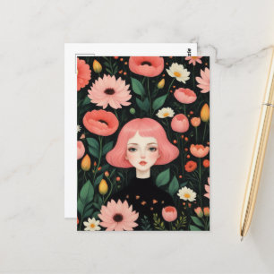 Cartão Postal Garota Adorável com Cabelo Rosa nas Flores